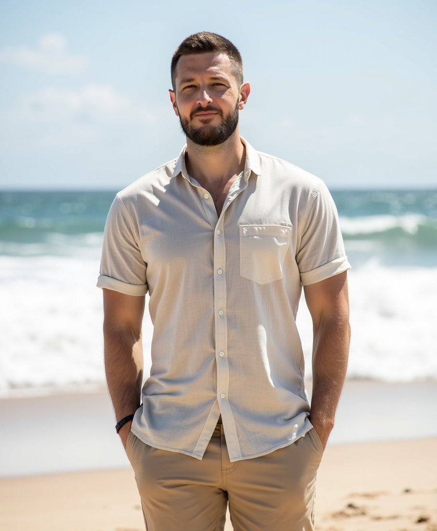 Jared in a linen shirt on a bright beach, surf rolling in behind him