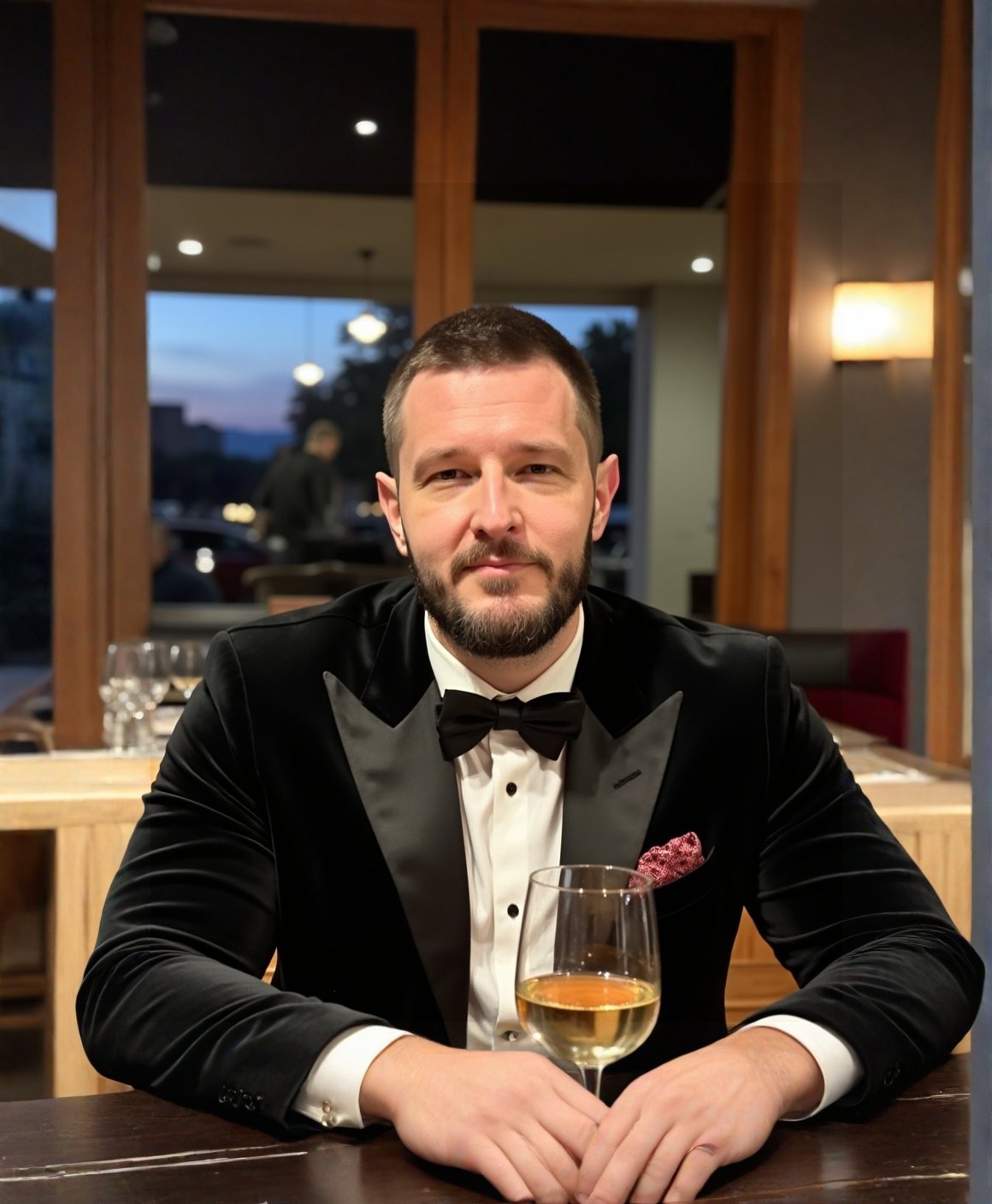 Jared in a black tuxedo at a restaurant table at dusk