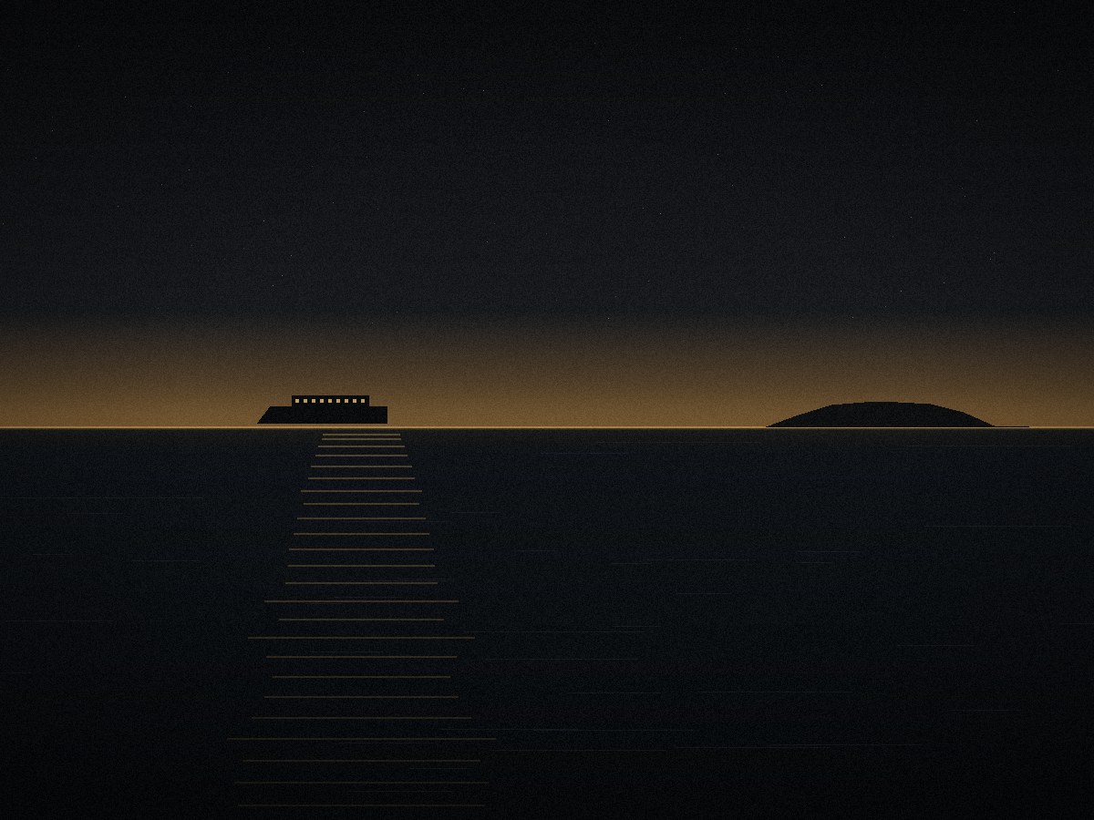 Ship on the horizon at dusk, wake catching the last light