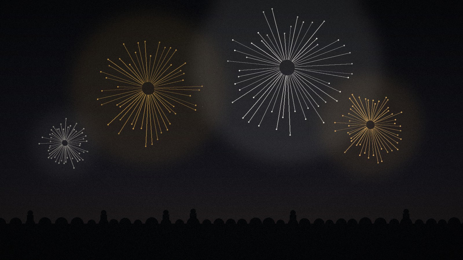 Fireworks over a crowd at night, one kid up on shoulders