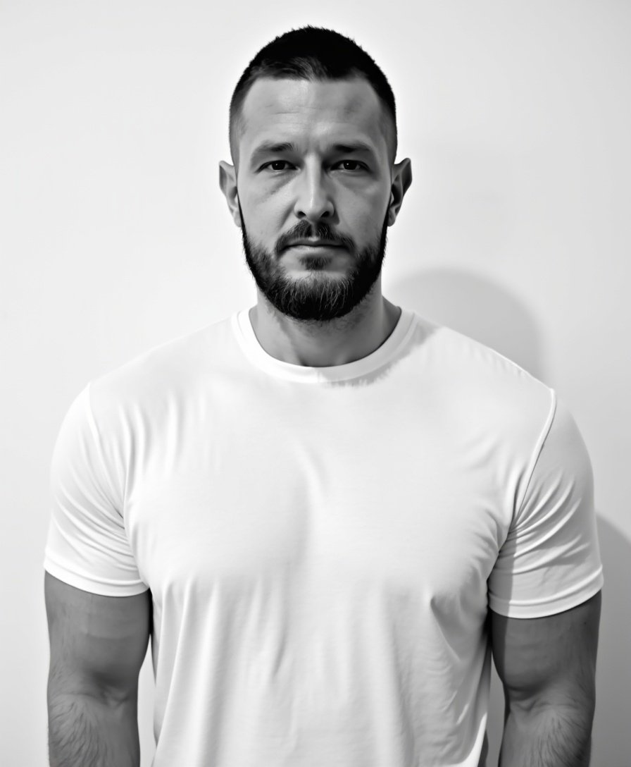 Black-and-white studio portrait of Jared in a white T-shirt
