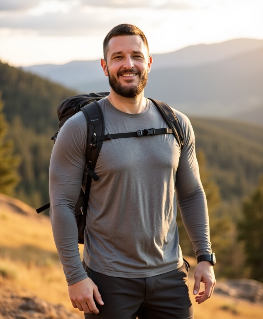 Jared smiling on a mountain trail at golden hour, wearing a hiking backpack